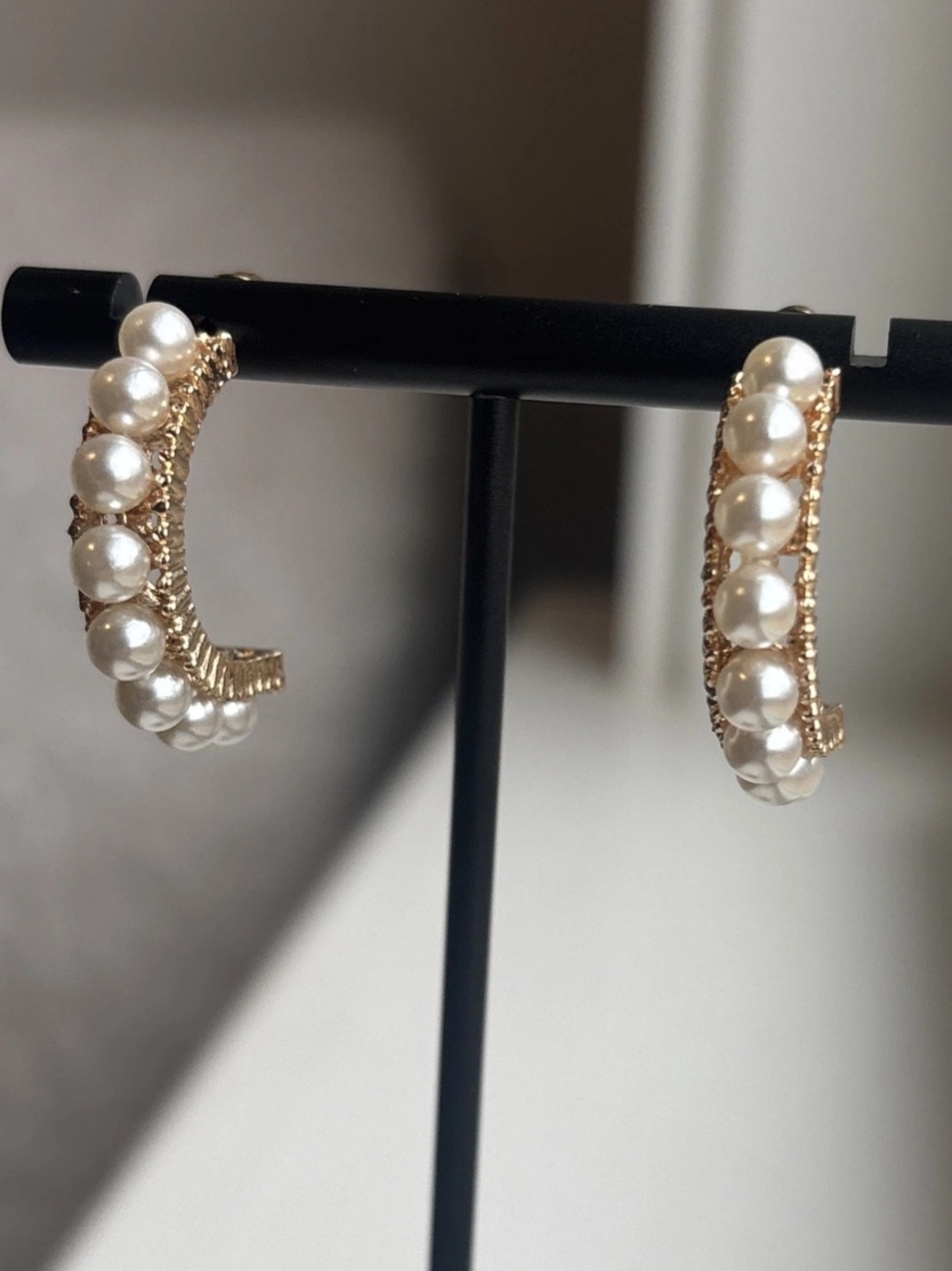 Rose Gold Pearl Hoop Earrings Textured Gold Half Hoops Bridal Statement Jewelry